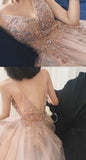 A-Line Tulle Fashion V-neck Popular Evening Dresses Prom Dress with Beading