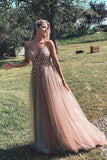 A-Line Tulle Fashion V-neck Popular Evening Dresses Prom Dress with Beading