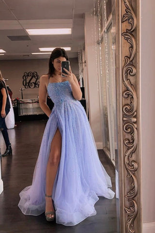 Formal Evening Dress With Slit Beaded Long Tulle  A Line Prom Dress