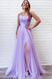 A-Line Tulle Appliques Spaghetti Straps Lavender Long Prom Dress with Slit