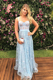 Chic Sky Blue Lace A-Line Evening Dresses Straps Floor Length Prom Dresses