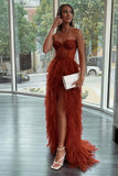Long Formal Evening Dress Tulle Sweetheart  Tiered Prom Dresses With Slit