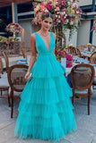 Party Gowns Charming Tulle Spa Deep V-neck A Line Tiered Skirt Long Prom Dresses
