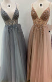 A-Line Tulle Fashion V-neck Popular Evening Dresses Prom Dress with Beading