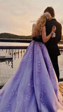 Tulle Lavender Applique Formal Gown Long Evening Dresses Sweep Train Prom Dress