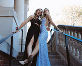 Cross Back Mermaid Sequin Glitter Blue V Neck Evening Dresses with Slit Prom Dresses