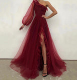 A Line Long Evening Dress Tulle Prom Dress Burgundy One Shoulder