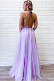 A-Line Tulle Appliques Spaghetti Straps Lavender Long Prom Dress with Slit