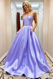 A Line Formal Evening Dress Simple Satin Long Prom Dress With Pockets
