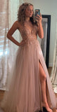 A-Line Tulle Fashion V-neck Popular Evening Dresses Prom Dress with Beading