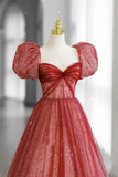 A Line Tulle Formal Evening Dress Sweetheart Neck Red Long Prom Dress