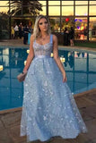 Chic Sky Blue Lace A-Line Evening Dresses Straps Floor Length Prom Dresses