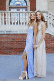 Cross Back Mermaid Sequin Glitter Blue V Neck Evening Dresses with Slit Prom Dresses