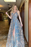 Long Formal Evening Dress With Slit Blue A-Line Lace Spaghetti Straps Prom Dresses