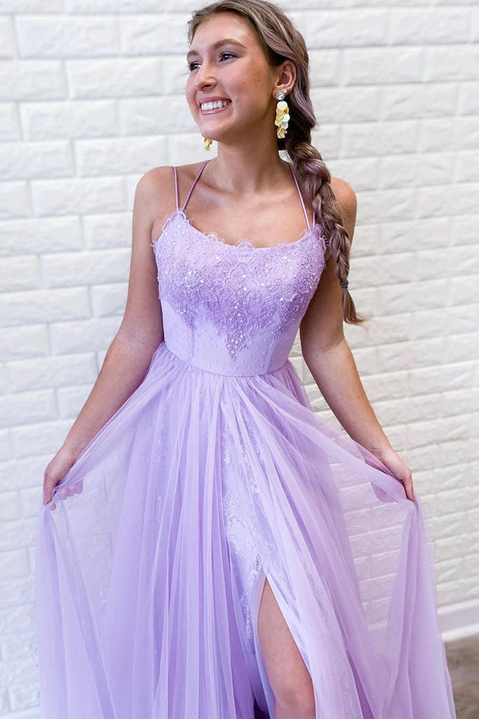 A-Line Tulle Appliques Spaghetti Straps Lavender Long Prom Dress with Slit
