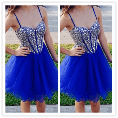 Fitted Royal Blue Short Tulle Beading Prom Dresses - Laurafashionshop