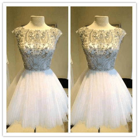 New Arrivals White Short Beaded prom dresses Prom Dress - Laurafashionshop