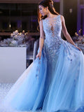 A-Line Scoop Tulle Sleeveless Sky Blue Applique Long Prom Dresses
