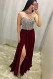 Dance Party Dress Graduation Dresses Burgundy A Line Halter Neckline Prom Dress With Slit