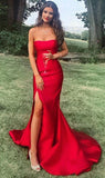 Strapless Slit Formal Evening Dresses Red Satin Mermaid Long Prom Dresses