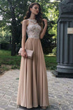 A-Line Formal Evening Dresses Peach Lace Chiffon Beaded Long Prom Dresses