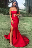 Strapless Slit Formal Evening Dresses Red Satin Mermaid Long Prom Dresses