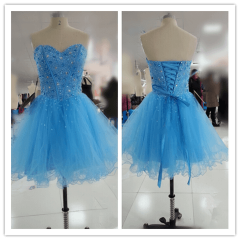 Silver Beading Blue Fitted Prom Dresses - Laurafashionshop