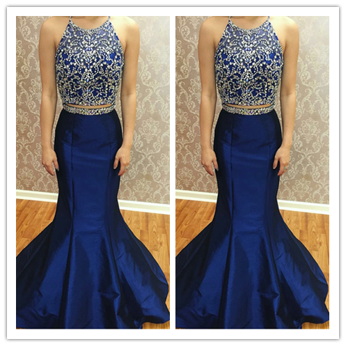 Halter Two Pieces Beading Real Made Prom Dresses