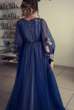A Line Long Sleeve Long Evening Dresses Appliques Charming Tulle Prom Dresses