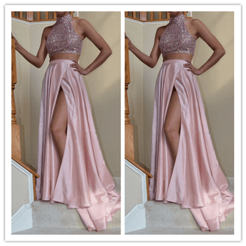 Beading A-Line Two Pieces Real Made Prom Dresses - Laurafashionshop