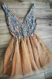 V Neck A-line Gorgeous Gold Short Party Dress with Beading Homecoming Dress