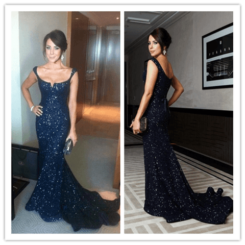 Custom Made Pretty Dark Navy Blue Beading Prom Dresses - Laurafashionshop