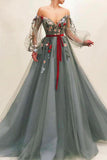 Long Sleeves A Line Off The Shoulder Tulle Long Prom Dresses With Flowers