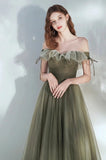 Floor Length Off the Shoulder A Line Tulle Green Elegant Fairy Dress Prom Dress