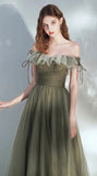 Floor Length Off the Shoulder A Line Tulle Green Elegant Fairy Dress Prom Dress