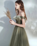 Floor Length Off the Shoulder A Line Tulle Green Elegant Fairy Dress Prom Dress