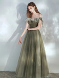 Floor Length Off the Shoulder A Line Tulle Green Elegant Fairy Dress Prom Dress