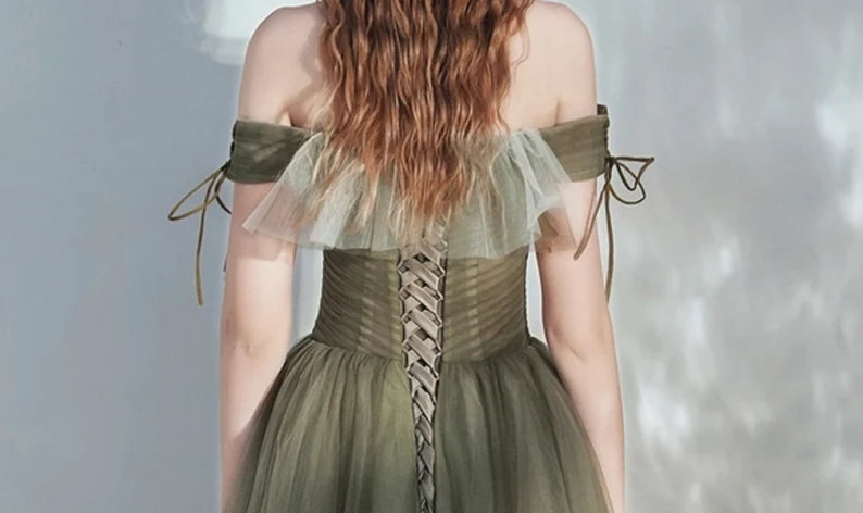 Floor Length Off the Shoulder A Line Tulle Green Elegant Fairy Dress Prom Dress