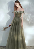 Floor Length Off the Shoulder A Line Tulle Green Elegant Fairy Dress Prom Dress