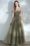 Floor Length Off the Shoulder A Line Tulle Green Elegant Fairy Dress Prom Dress