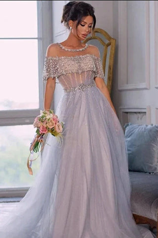 Sheer Neck Evening Dress Beading A-Line Chic Tulle Long Prom Dresses