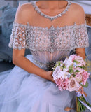 Sheer Neck Evening Dress Beading A-Line Chic Tulle Long Prom Dresses