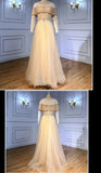 Sheer Neck Evening Dress Beading A-Line Chic Tulle Long Prom Dresses