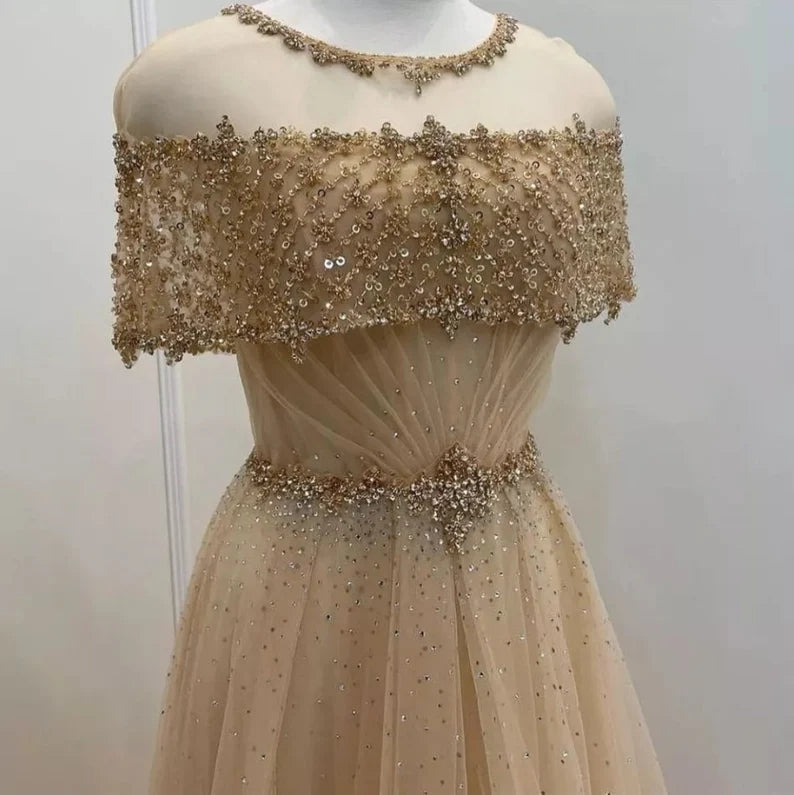 Sheer Neck Evening Dress Beading A-Line Chic Tulle Long Prom Dresses
