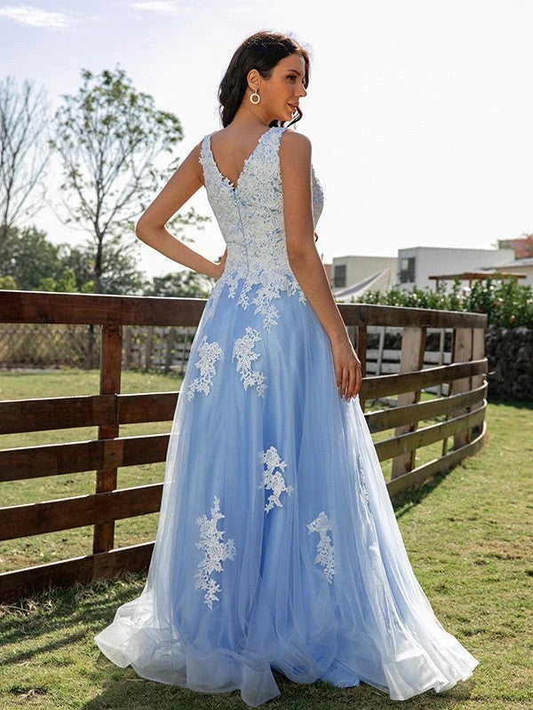 Sky BlueTulle Princess V-neck A-Line Sleeveless Appliques Long Prom Dresses