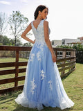 Sky BlueTulle Princess V-neck A-Line Sleeveless Appliques Long Prom Dresses