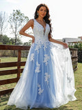 Sky BlueTulle Princess V-neck A-Line Sleeveless Appliques Long Prom Dresses