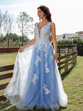 Sky BlueTulle Princess V-neck A-Line Sleeveless Appliques Long Prom Dresses