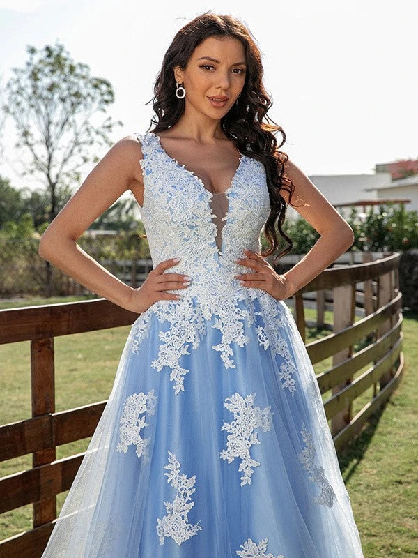 Sky BlueTulle Princess V-neck A-Line Sleeveless Appliques Long Prom Dresses