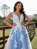 Sky BlueTulle Princess V-neck A-Line Sleeveless Appliques Long Prom Dresses